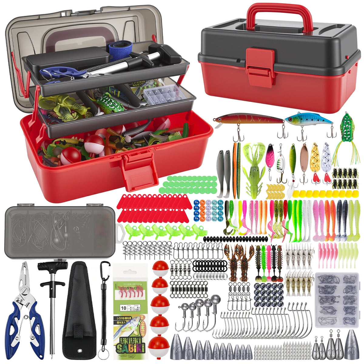 Doulami Tackle Box, 460-Pcs Tackle Box with Tackle Included, 3-Layer Fishing Starter Kit Hooks Weights Bobbers Pliers Fluorocarbon Line