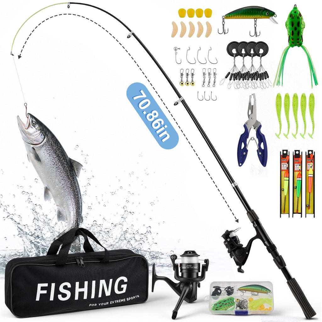 Doulami Kids Fishing Pole, 35-Pcs Lures Kit,Single 5.9-Ft Telescopic Fishing Rod and Reel Combo, Tackle Box,Carry Bag Pliers Foldable Handle Bite Alarm