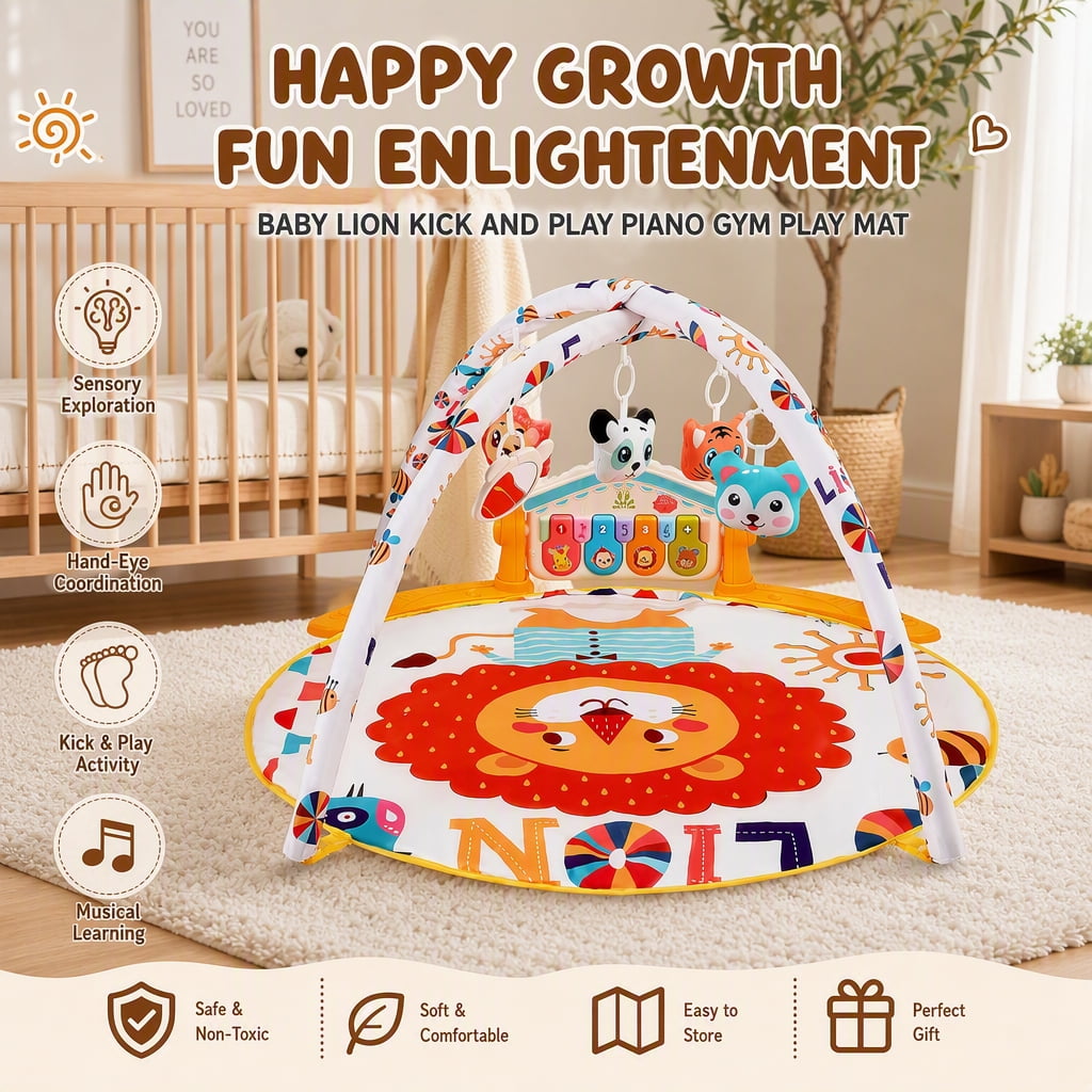Doulami Baby Play Mat, Lion Activity Gym with Hanging Toys, Music Piano Panel and Round Tummy Time Mat for Babies