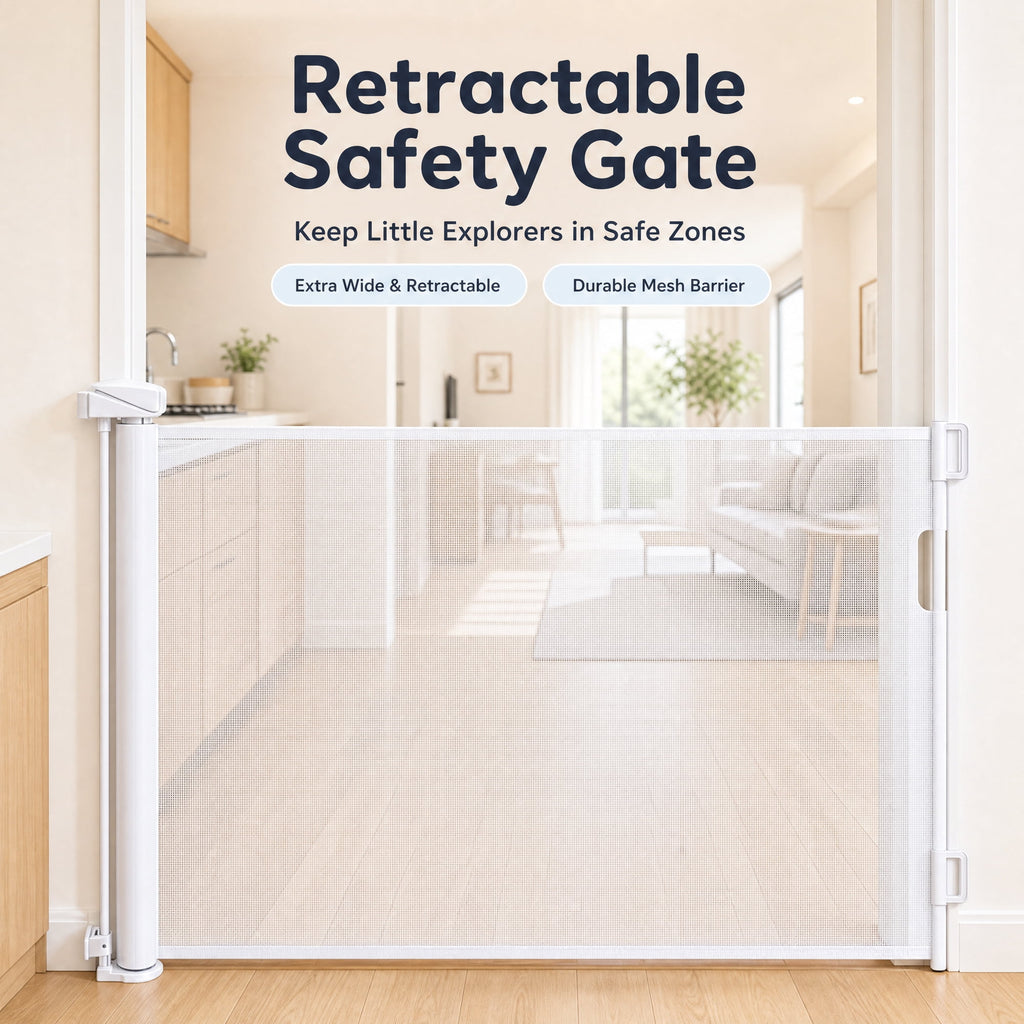 Doulami Retractable Baby Gate for Stairs, 70" Wide x 34" Tall Extra Wide Mesh Pet Dog&Cat Gate with Auto-Lock Safety, White