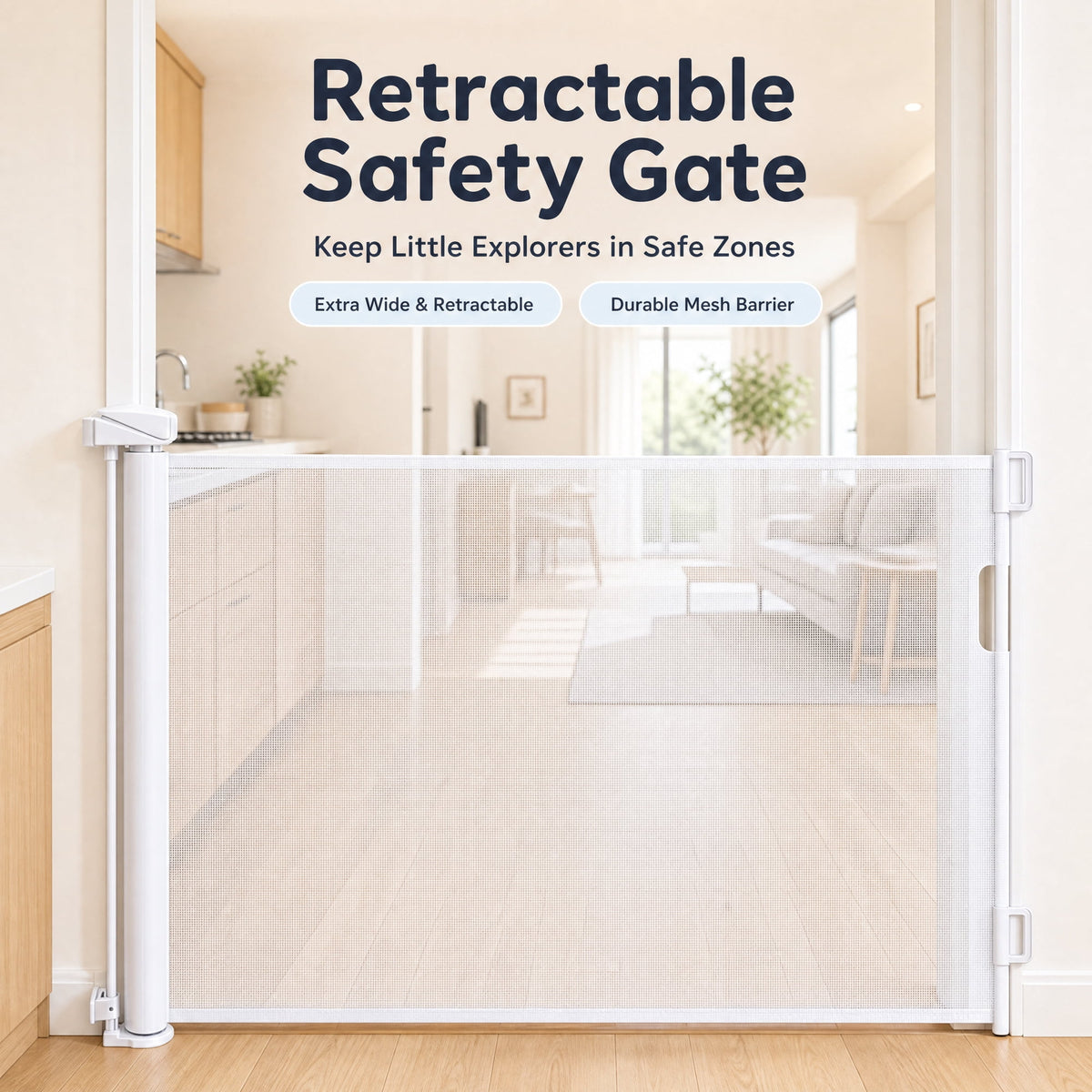 Doulami Retractable Baby Gate for Stairs, 70" Wide x 34" Tall Extra Wide Mesh Pet Dog&Cat Gate with Auto-Lock Safety, White