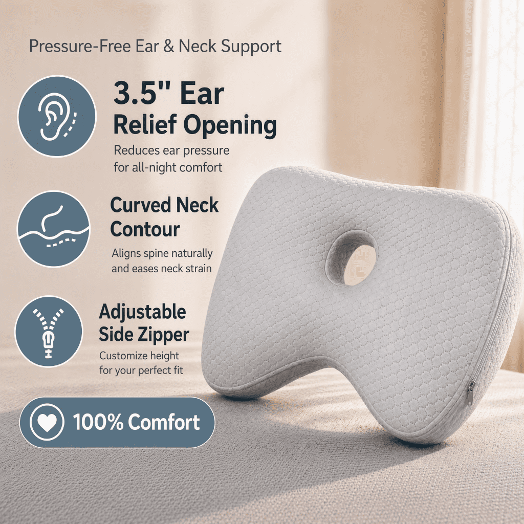 Doulami Side Sleeper Pillow with Center Hole, 3.5" Opening Cotton Polyester Washable Adjustable Pillow for Side Sleepers, Gray