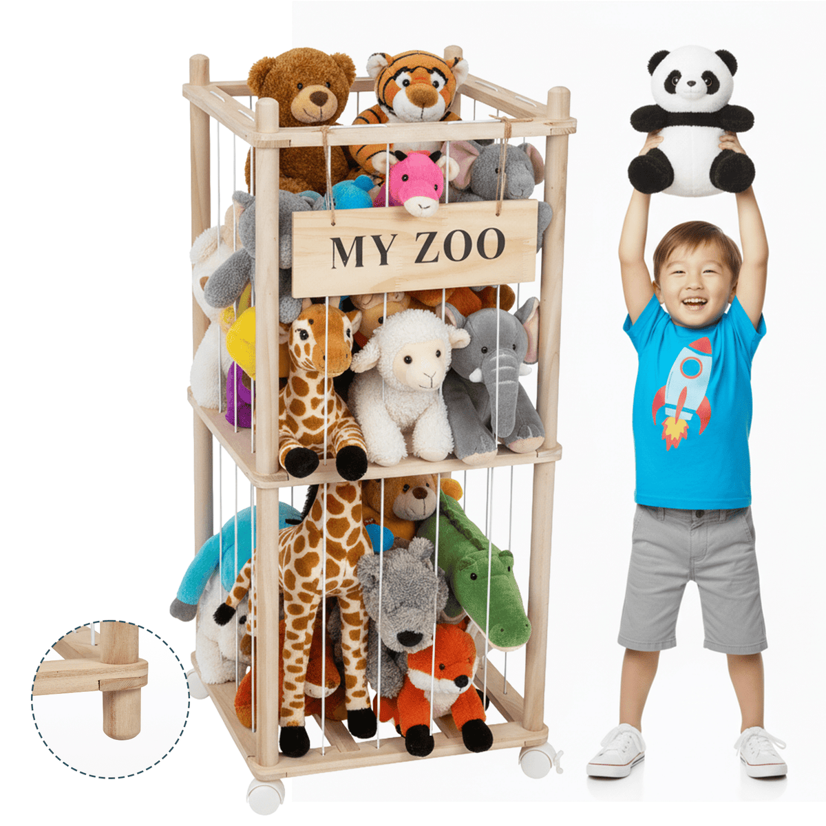 Doulami Wooden Stuffed Animal Storage, Holds Up to 40 Plush Toys, Vertical Corner Plush Toy Storage with Elastic Straps, Zoo Toy Organizer for Kids Nursery Bedroom Playroom