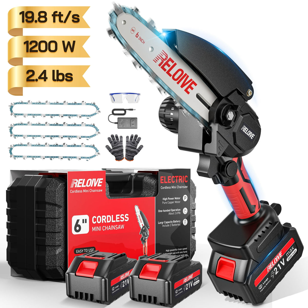 RELOIVE 6 in Mini Chainsaw with 2PCS 2.0 Ah Batteries 3 Chains,Cordless Small Handheld Chain Saw for Wood Cutting Tree Trimming