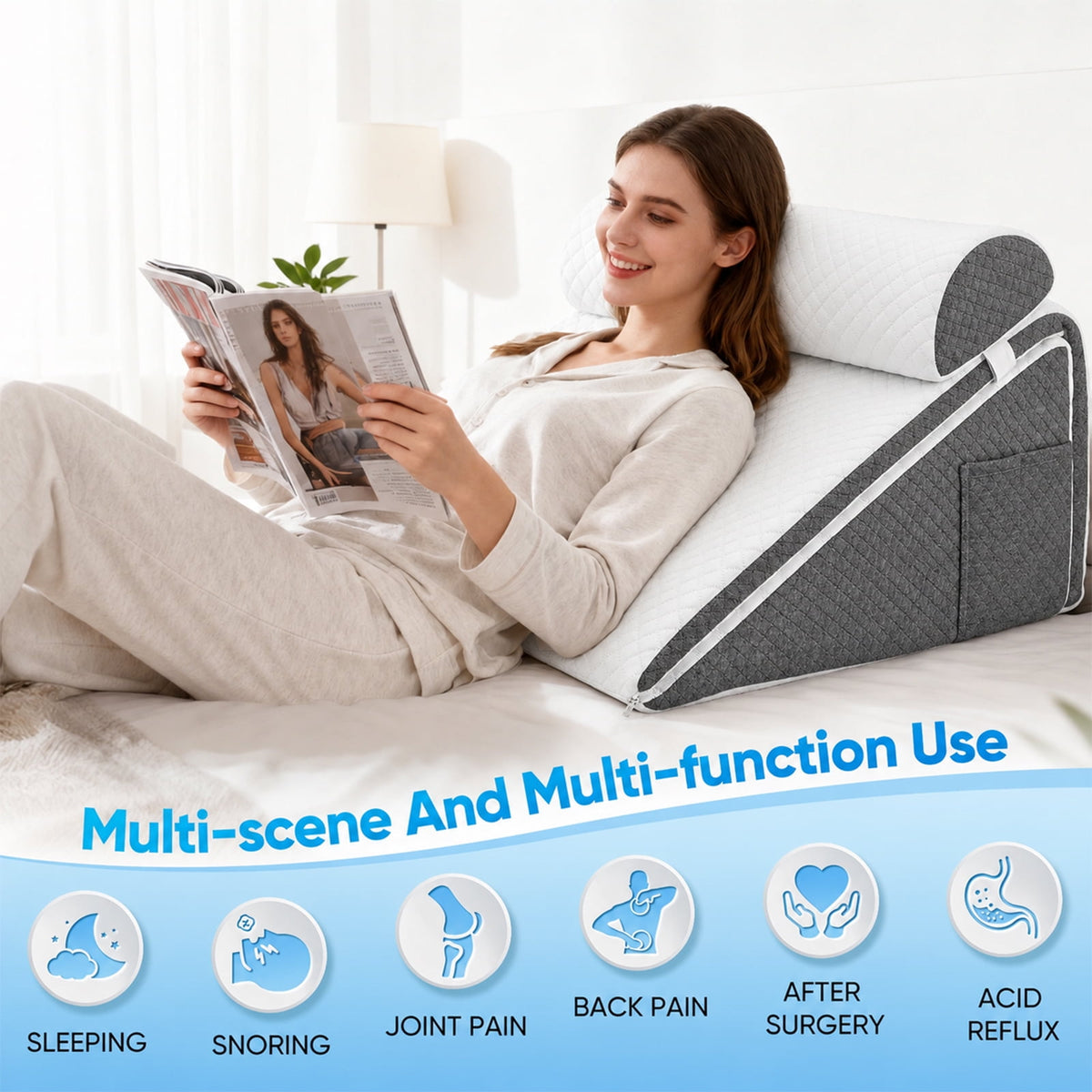 Knee Wedge Pillow, Convertible Knee Pillow for Back Sleeping, Dual-Layer Memory Foam Triangle Pillow for Legs Post Surgery, Knee Support, Leg Elevation, Back Pain Relief