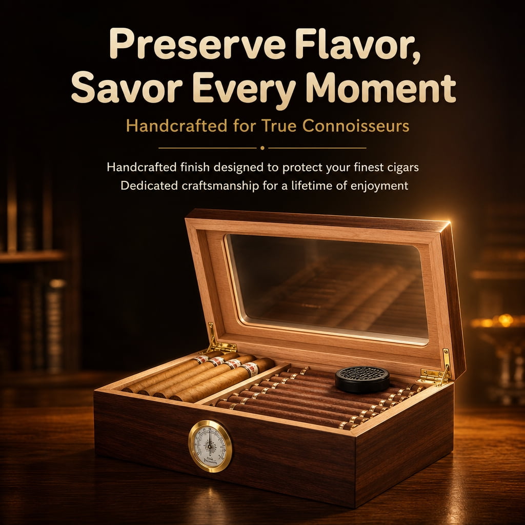 Doulami Handmade Cigar Humidor, featuring Cedar wood desktop box with built-in humidifier and hygrometer, glass top, and capacity for 50 cigars, in brown