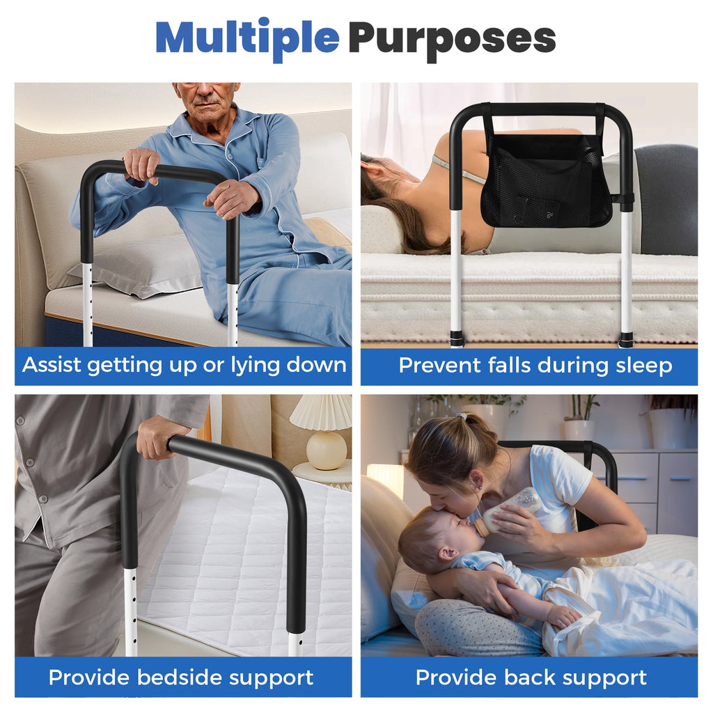 Doulami Bed Assist Rail for Elderly Adults Height Adjustable Bedside Standing Bar for Seniors Safety Bed Handle with Leg Fall Prevent Grab Bar with Storage Pocket