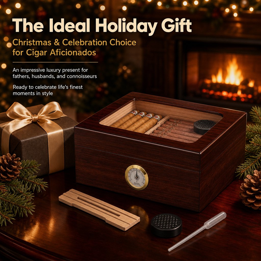 Doulami Handmade Cigar Humidor, featuring Cedar wood desktop box with built-in humidifier and hygrometer, glass top, and capacity for 50 cigars, in brown