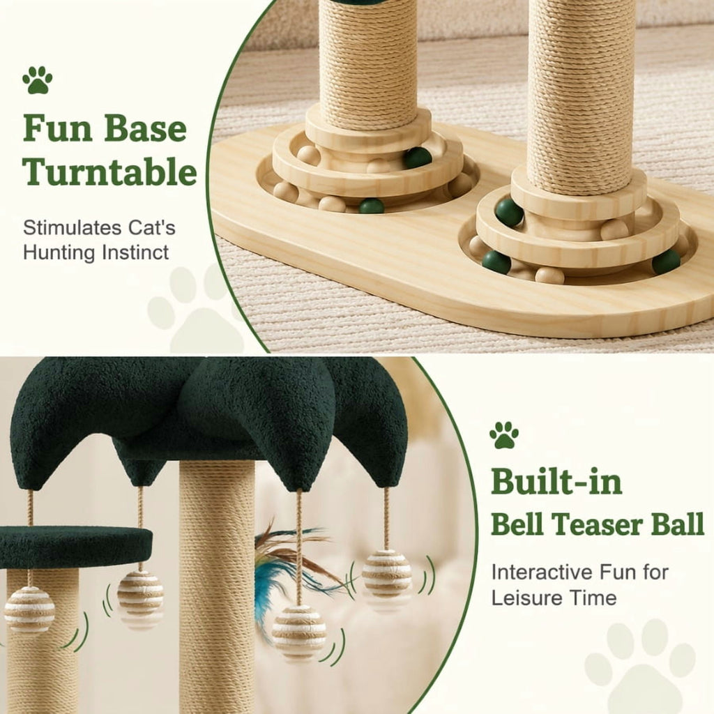 Doulami Cat Scratching Post, Palm Tree Cat Tree Tower with Sisal Posts, Dual Platforms, Hanging Balls and Feather Teaser for Indoor Cats