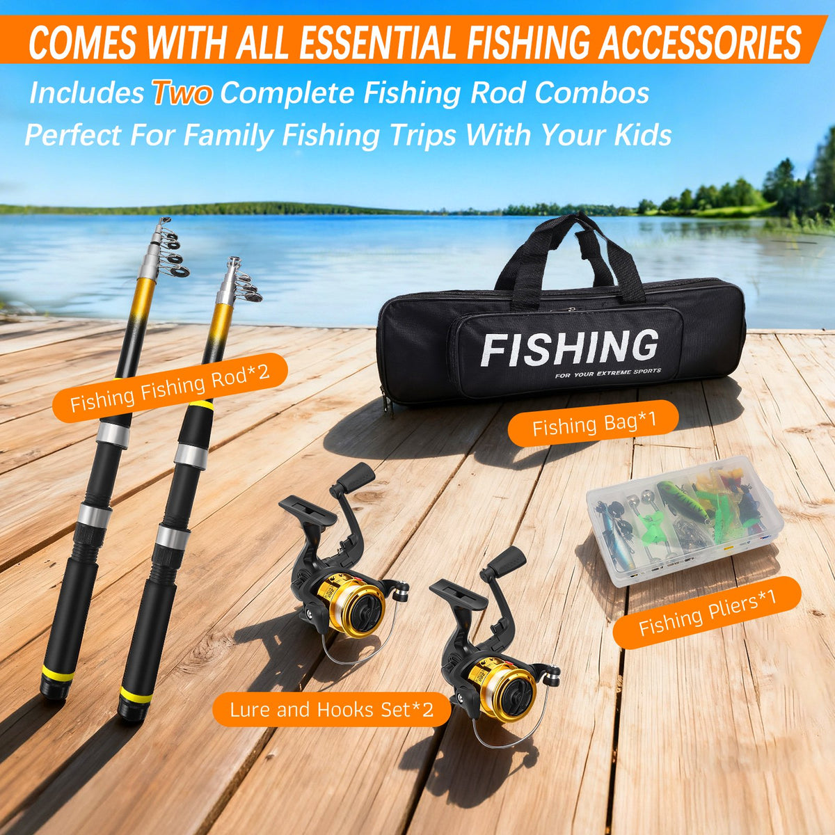 Doulami Fishing Poles, 102-Pcs Lure Kit, 2 Telescopic Fishing Poles (5.9ft & 6.9ft) with Spincast Reel, Hooks Lures Swivels Carry Bag for Beginners