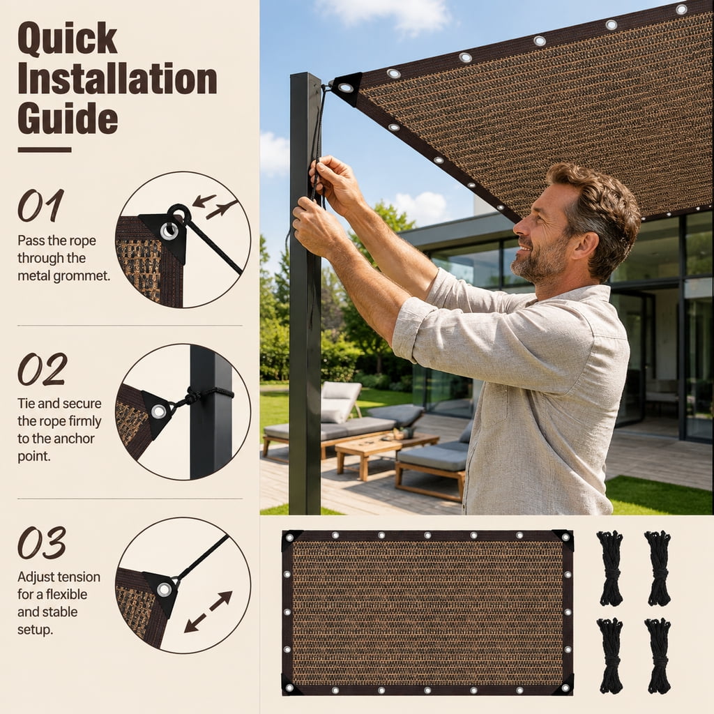 Doulami 10' X 19' Sun Shade Cloth, 90% Patio Sun Shade Canopy, Rectangle Sand UV Block Sunshade for Backyard Yard Deck Patio Garden Outdoor Activities and Facility,brown