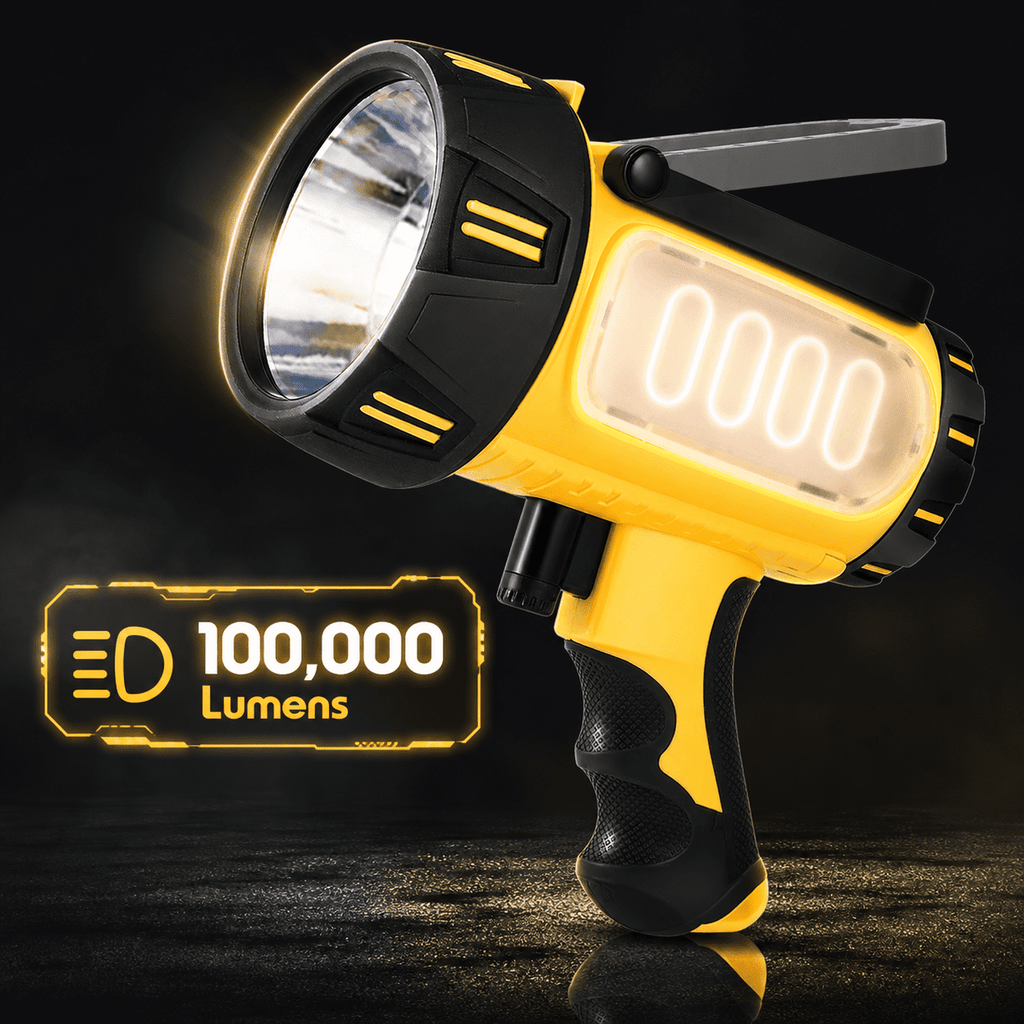 Doulami 100000 Lumen Rechargeable LED Spotlight Flashlight, Built-in 10000mAh Large Capacity Battery, IP67 Waterproof Handheld Torch with Foldable Stand for Camping Hiking Emergency
