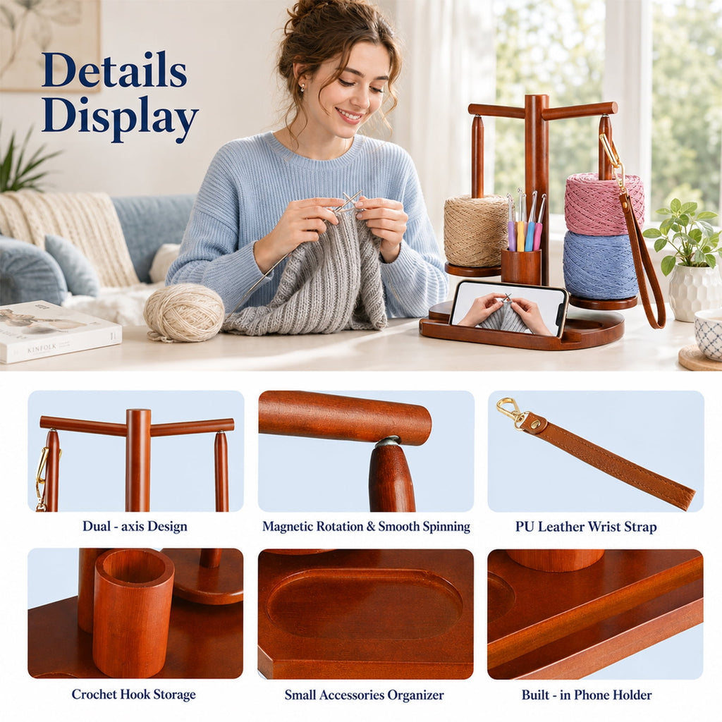 DOULAMI Wooden Yarn Holder for Crocheting and Knitting, Magnetic Rotating Yarn Spinner with 2 Spindles, Crochet Accessories Storage & Phone Stand