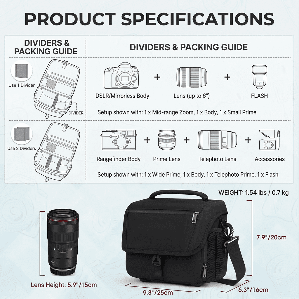 Doulami Camera Crossbody Sling Bag, Shockproof DSLR Mirrorless, Waterproof Rain Cover & Tripod Holder, Custom Dividers Adjustable Strap, Black