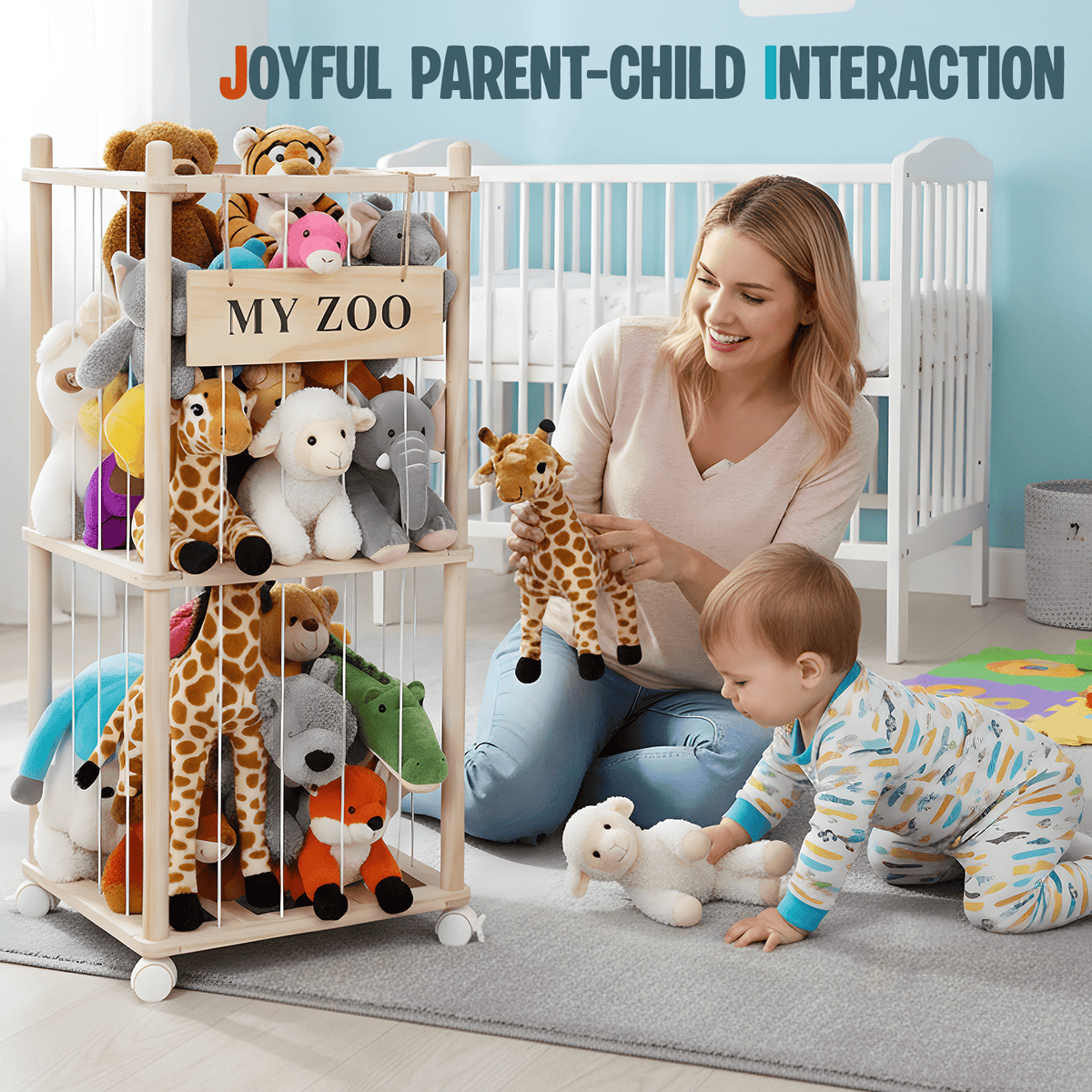Doulami Wooden Stuffed Animal Storage, Holds Up to 40 Plush Toys, Vertical Corner Plush Toy Storage with Elastic Straps, Zoo Toy Organizer for Kids Nursery Bedroom Playroom
