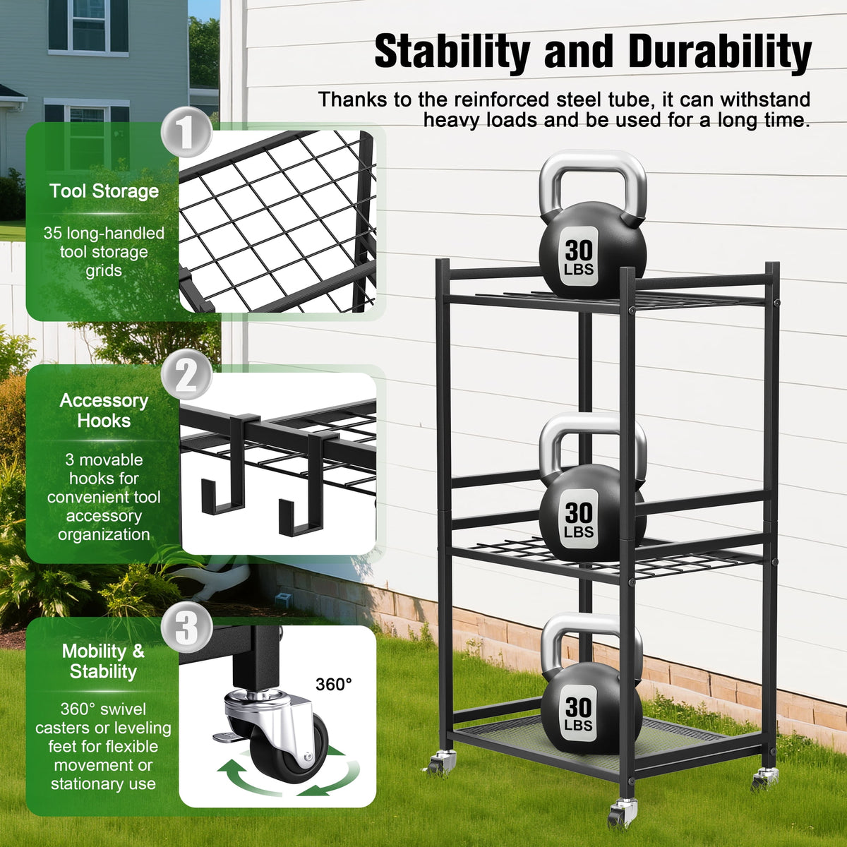 Doulami Garden Tool Organizer Cart, 3-Tier Rolling Garage Tool Rack with 35 Slots & Hooks, Heavy Duty Steel Yard Tool Storage for Shovels Rakes Brooms, Garage Shed Yard