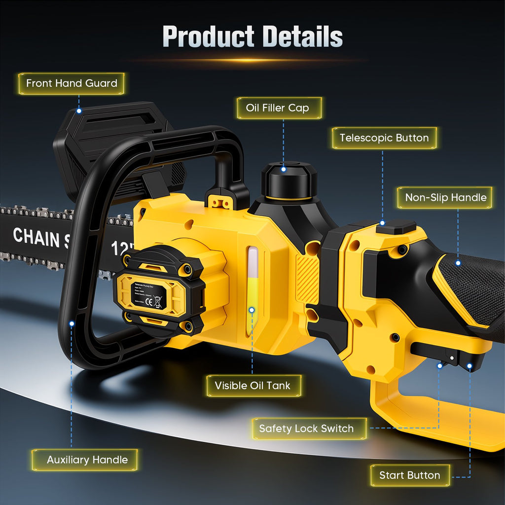 Doulami 12 Inch Cordless Chainsaw, 21V Brushless Power Chain Saw with 2 Batteries, 2-in-1 Telescopic Pole Saw for Tree Trimming, Tool-Free Tension & Auto Lubrication