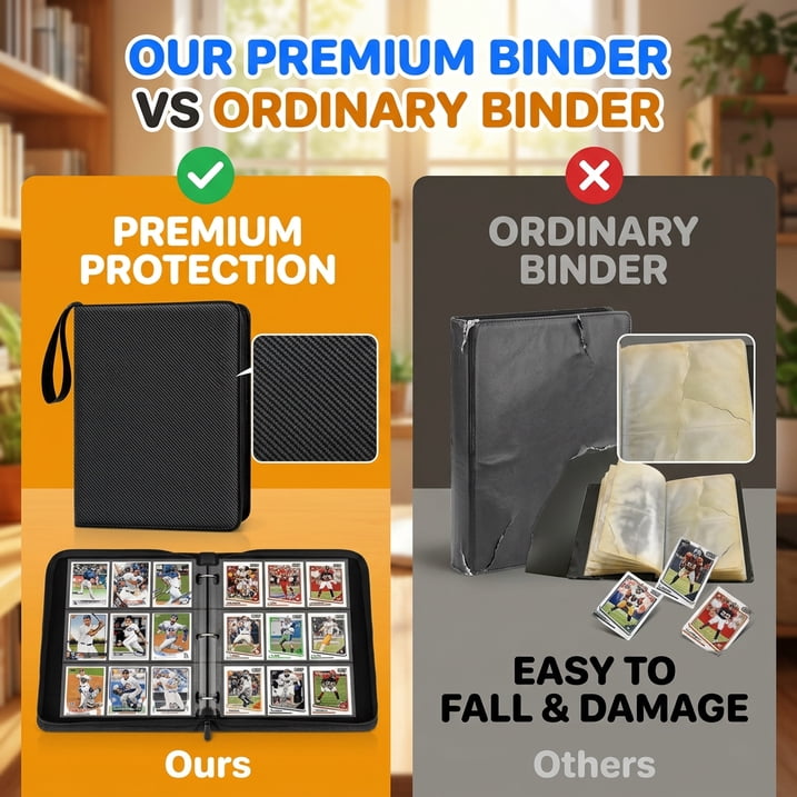 Doulami Card Binder 9-Pocket, Holds Up 900 Cards with 50 Removable Double-Sided Sleeves, 3-Ring PU Leather Card Collection Folder, Portable Card Album for Baseball, Sports, Game,black