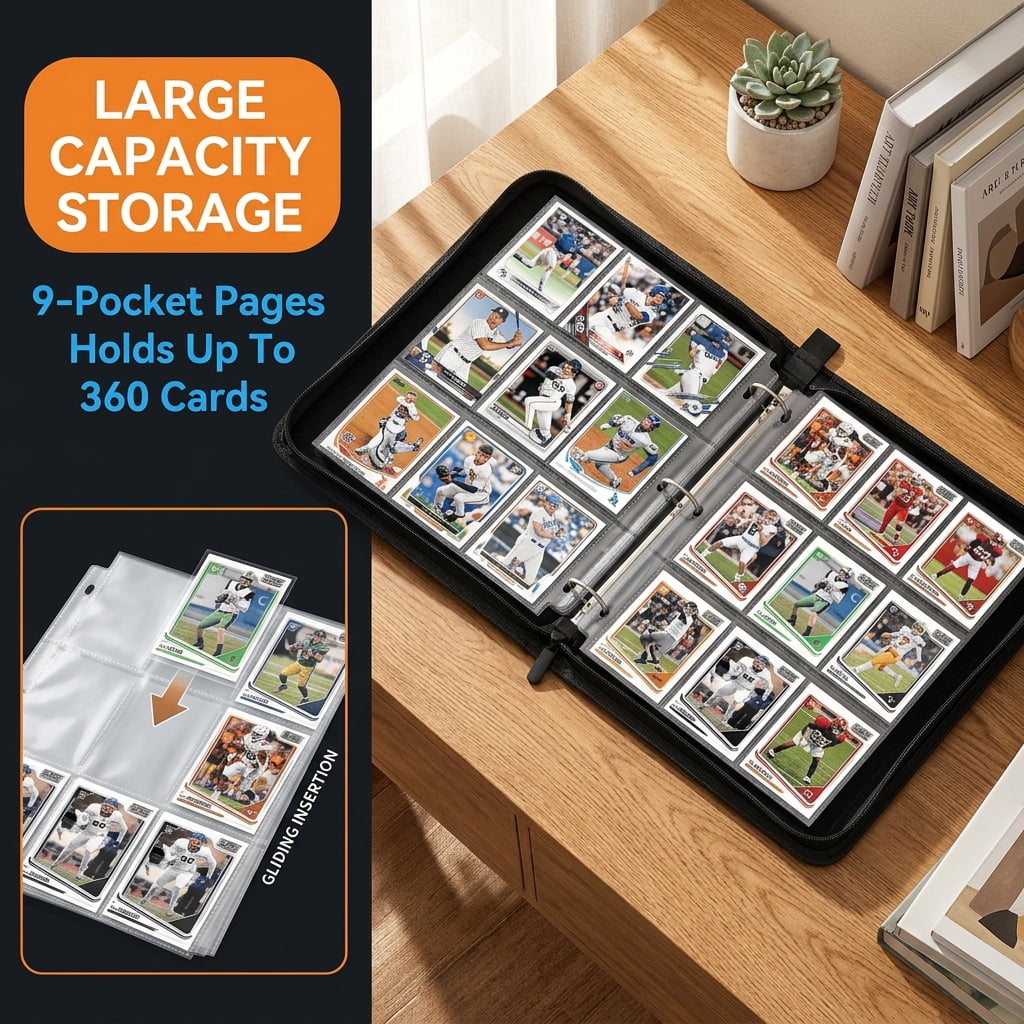 Doulami Card Binder 9-Pocket, Holds Up 900 Cards with 50 Removable Double-Sided Sleeves, 3-Ring PU Leather Card Collection Folder, Portable Card Album for Baseball, Sports, Game,black