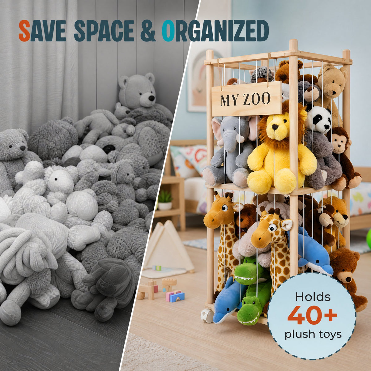 Doulami Wooden Stuffed Animal Storage, Holds Up to 40 Plush Toys, Vertical Corner Plush Toy Storage with Elastic Straps, Zoo Toy Organizer for Kids Nursery Bedroom Playroom