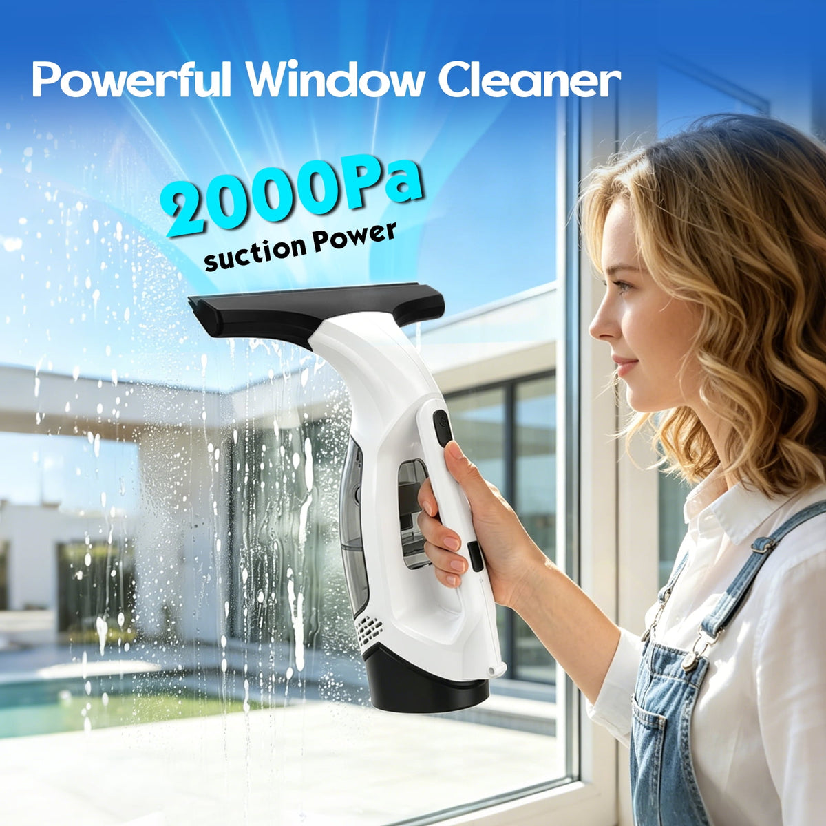 Window Vacuum Squeegee with 31-40" Extension Pole, 2000Pa Electric Window Cleaner Tool with 150ml Tank, 2200mAh Cordless Window Vacuum for Windows, Shower Doors, Mirrors and Tiles