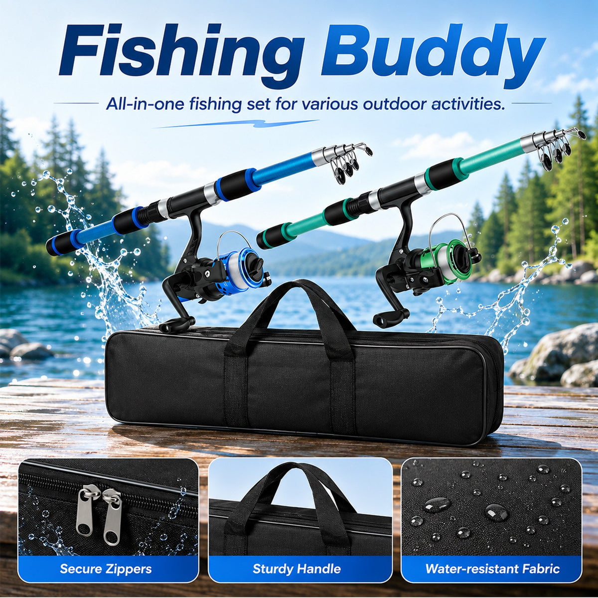 Doulami Fishing Poles Combo Set, 2-Pcs 5.9-Ft Telescopic Rods, Fishing Rod and Reel Combo, 76-Pcs Tackle Kit Spinning Reels Box & Bag, Freshwater