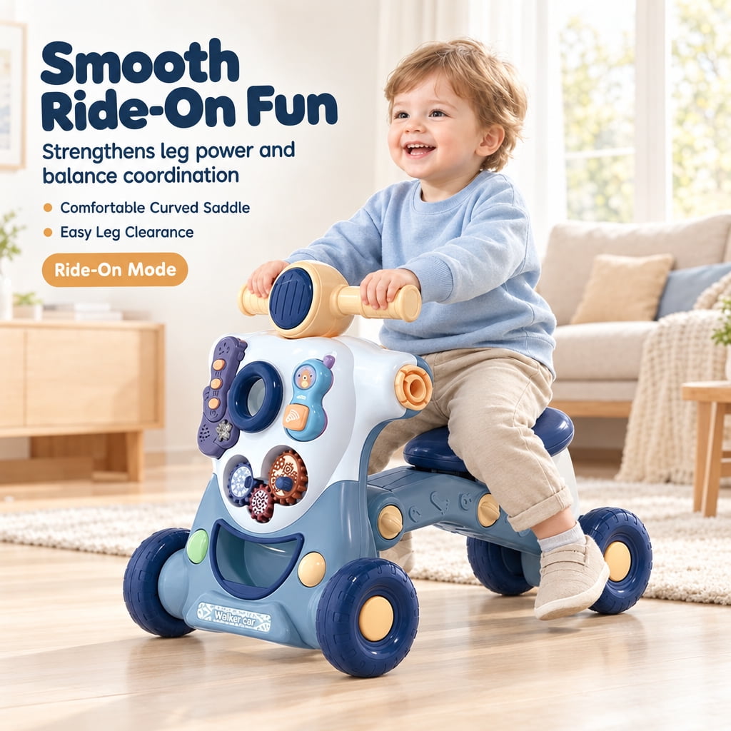 Doulami Baby Walk, 6-in-1 Baby Walker Ride On Toy with Activity Panel, Music, Lights, Push Handle and Rocking Base, Morandi Blue