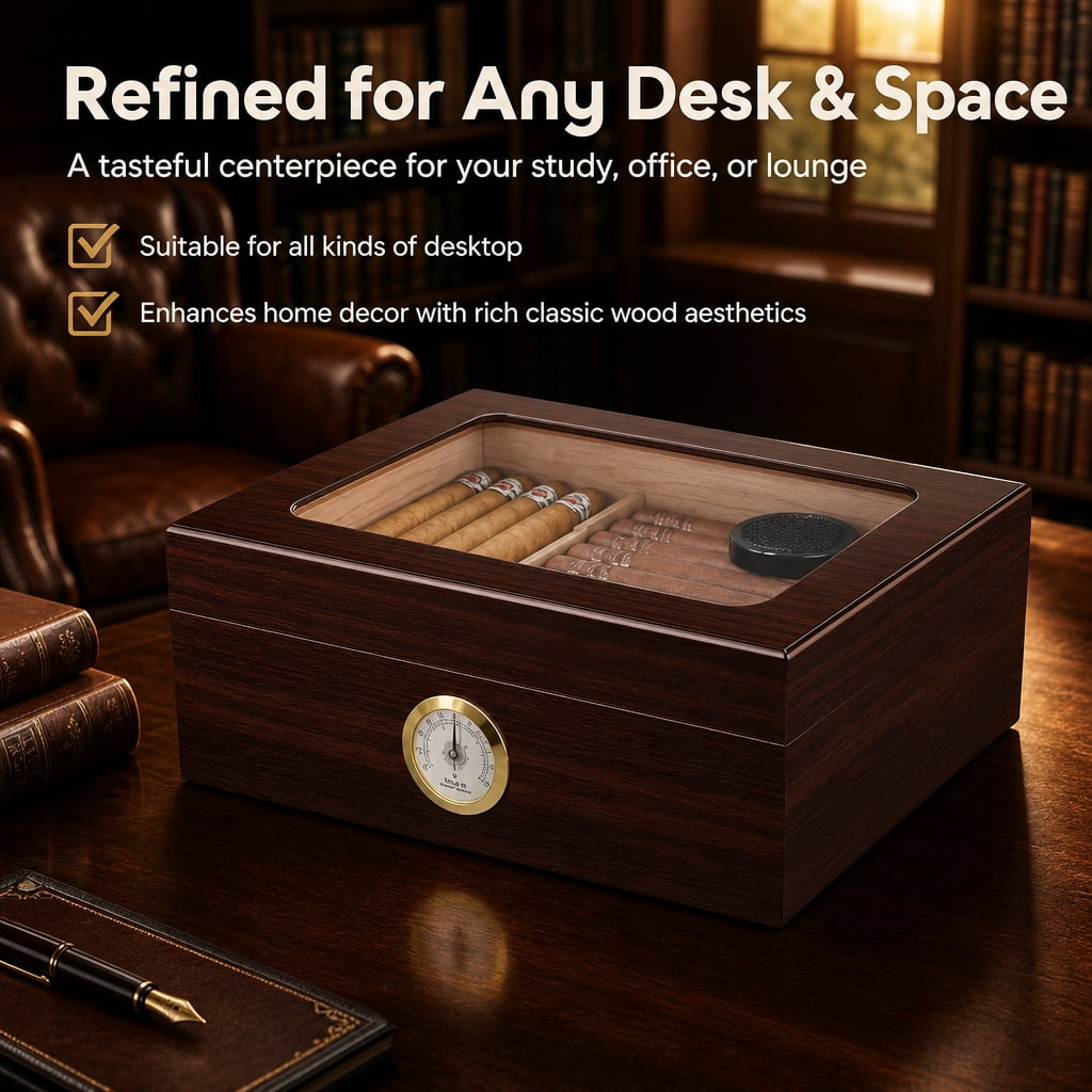 Doulami Handmade Cigar Humidor, featuring Cedar wood desktop box with built-in humidifier and hygrometer, glass top, and capacity for 50 cigars, in brown