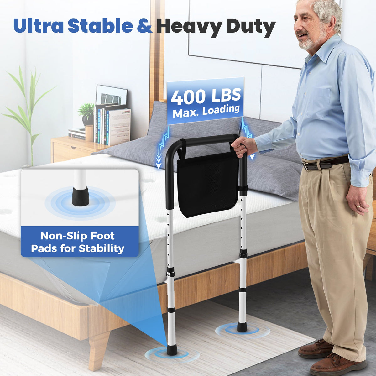Doulami Bed Assist Rail for Elderly Adults Height Adjustable Bedside Standing Bar for Seniors Safety Bed Handle with Leg Fall Prevent Grab Bar with Storage Pocket