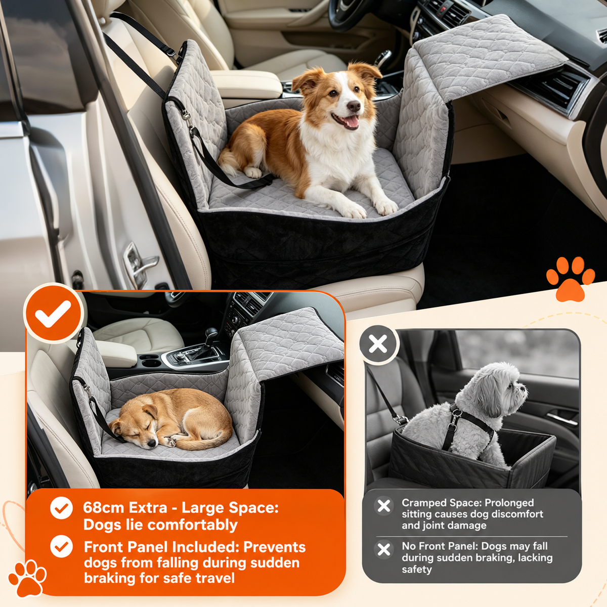 Doulami Dog Car Seat, Dog Booster Car Seats for Small & Medium Breeds Up to 35lbs, Fully Detachable and Washable, Soft Foam Pet Car seat with 2 Storage Pockets & 3 Safety Belts, Black & Gray