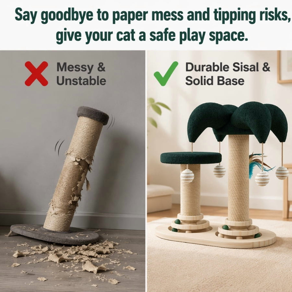 Doulami Cat Scratching Post, Palm Tree Cat Tree Tower with Sisal Posts, Dual Platforms, Hanging Balls and Feather Teaser for Indoor Cats